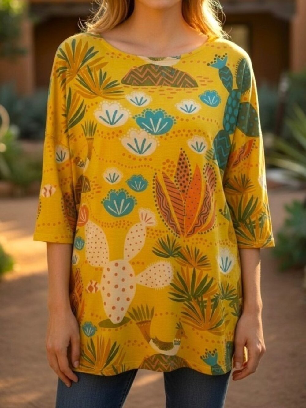 Gudrun Sjödén Yellow Bird Print Modal Jersey Tunic Top Size M